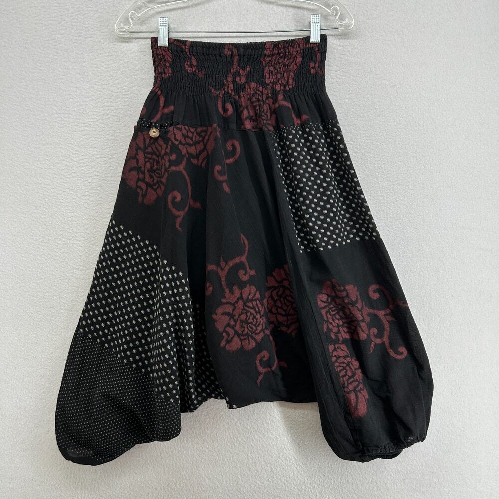 Harem Pants OS Slouchy Tapered Smocked Waist Floral Boho Cotton Black